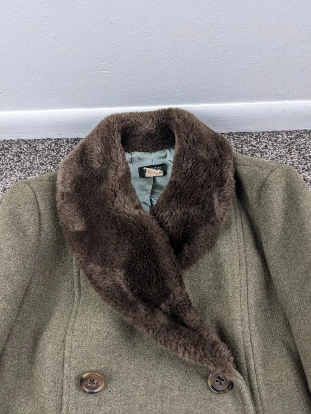 J Crew Pea Coat Wool Double Breasted Faux Fur Collar Green Womens 4